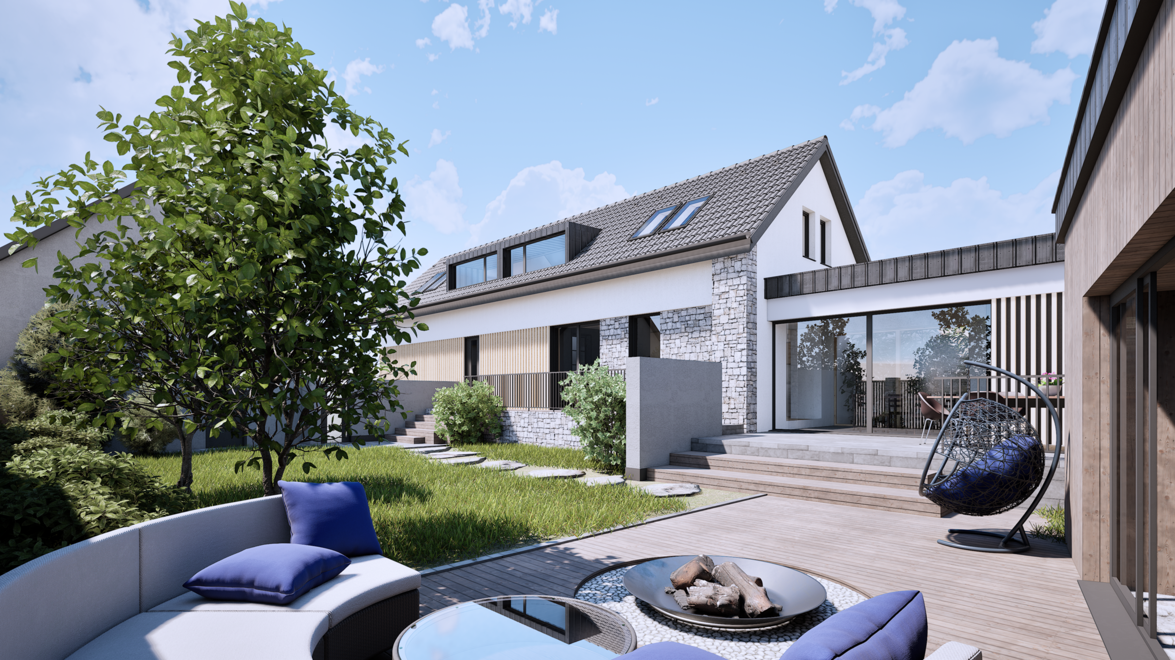 Rodinný dům nabídne dispozici 5+1 či možně 6+1, se zvýšeným důrazem na moderní prvky a luxusní vybavení , které respektuje venkovský styl a přitom klade velký důraz na spojení s přírodou, včetně prosklených prvků a přímých vstupů z obývacího pokoje, kuchyně a jídelny do zahrady. Součástí dalšího užití potenciálu celé nemovitosti je velká garáž s horním patrem a letní / zimní zahrada.