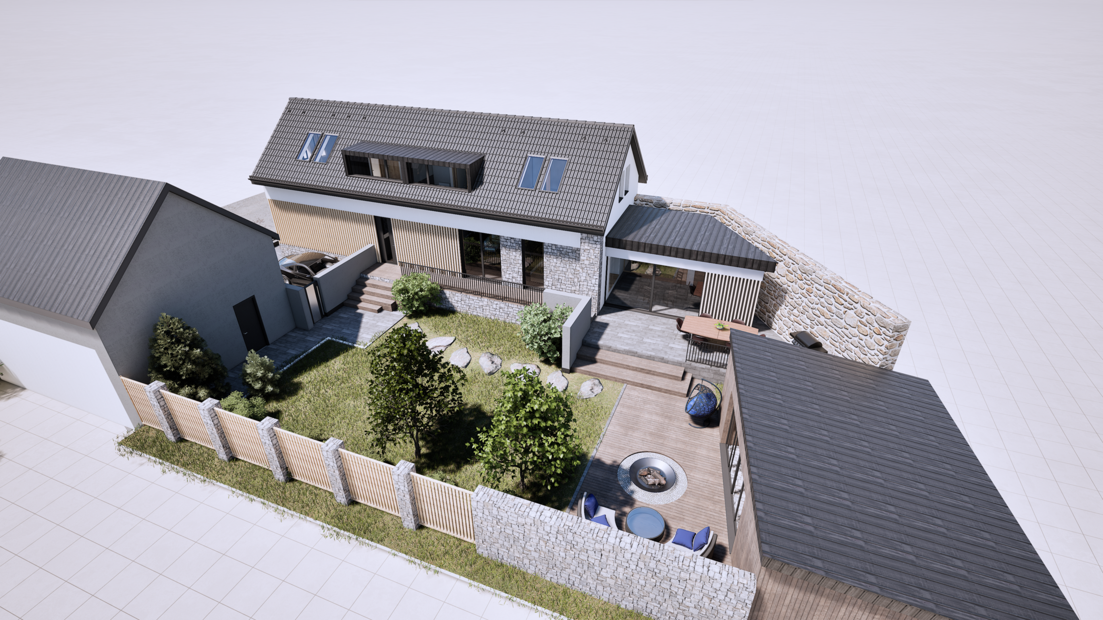 Rodinný dům nabídne dispozici 5+1 či možně 6+1, se zvýšeným důrazem na moderní prvky a luxusní vybavení , které respektuje venkovský styl a přitom klade velký důraz na spojení s přírodou, včetně prosklených prvků a přímých vstupů z obývacího pokoje, kuchyně a jídelny do zahrady. Součástí dalšího užití potenciálu celé nemovitosti je velká garáž s horním patrem a letní / zimní zahrada.