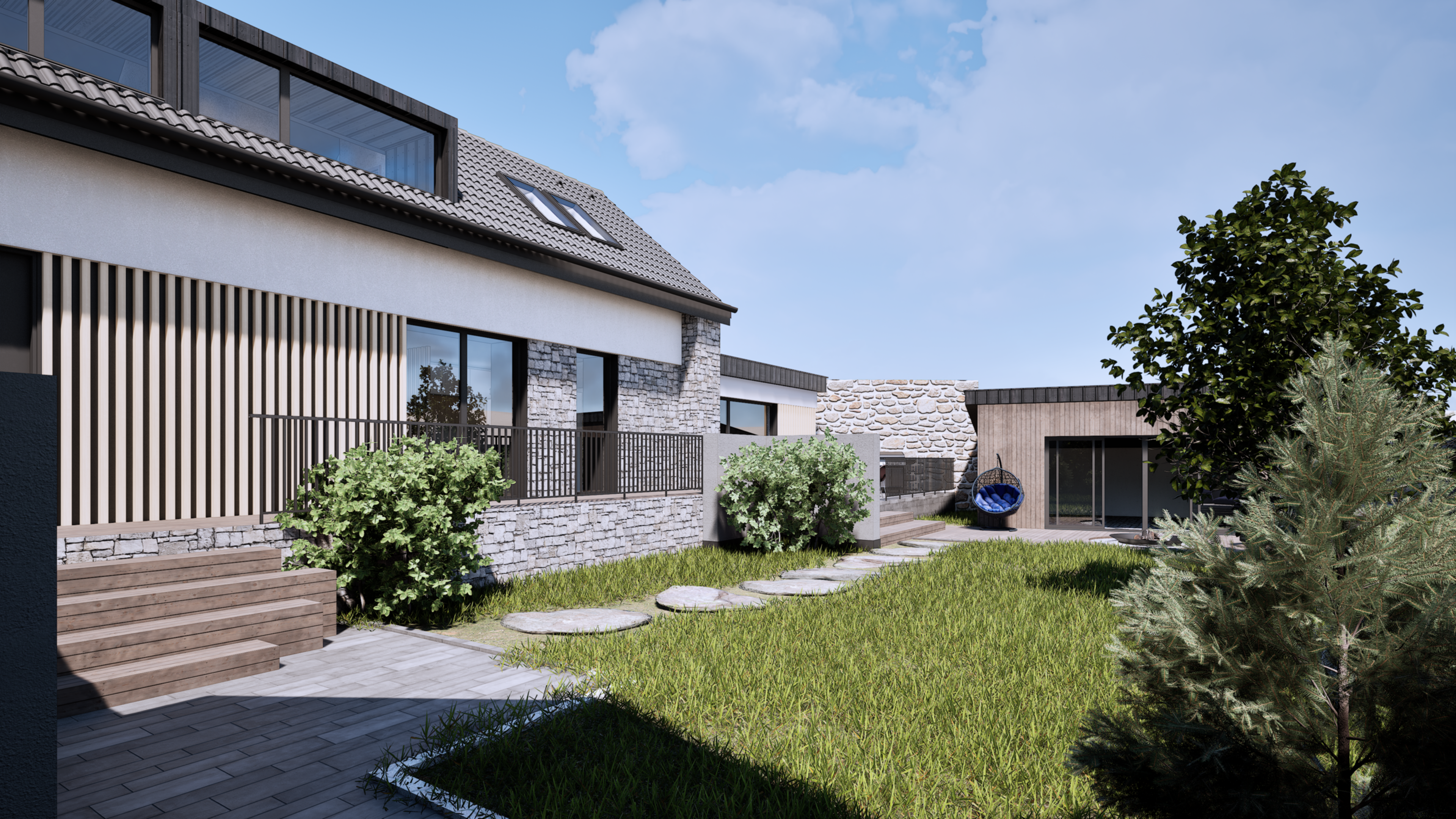 Rodinný dům nabídne dispozici 5+1 či možně 6+1, se zvýšeným důrazem na moderní prvky a luxusní vybavení , které respektuje venkovský styl a přitom klade velký důraz na spojení s přírodou, včetně prosklených prvků a přímých vstupů z obývacího pokoje, kuchyně a jídelny do zahrady. Součástí dalšího užití potenciálu celé nemovitosti je velká garáž s horním patrem a letní / zimní zahrada.