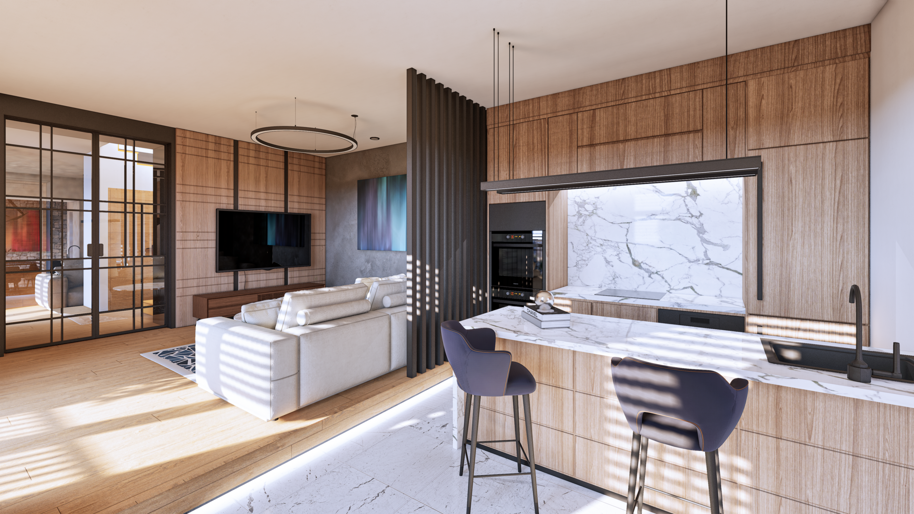 Rodinný dům nabídne dispozici 5+1 či možně 6+1, se zvýšeným důrazem na moderní prvky a luxusní vybavení , které respektuje venkovský styl a přitom klade velký důraz na spojení s přírodou, včetně prosklených prvků a přímých vstupů z obývacího pokoje, kuchyně a jídelny do zahrady. Součástí dalšího užití potenciálu celé nemovitosti je velká garáž s horním patrem a letní / zimní zahrada.