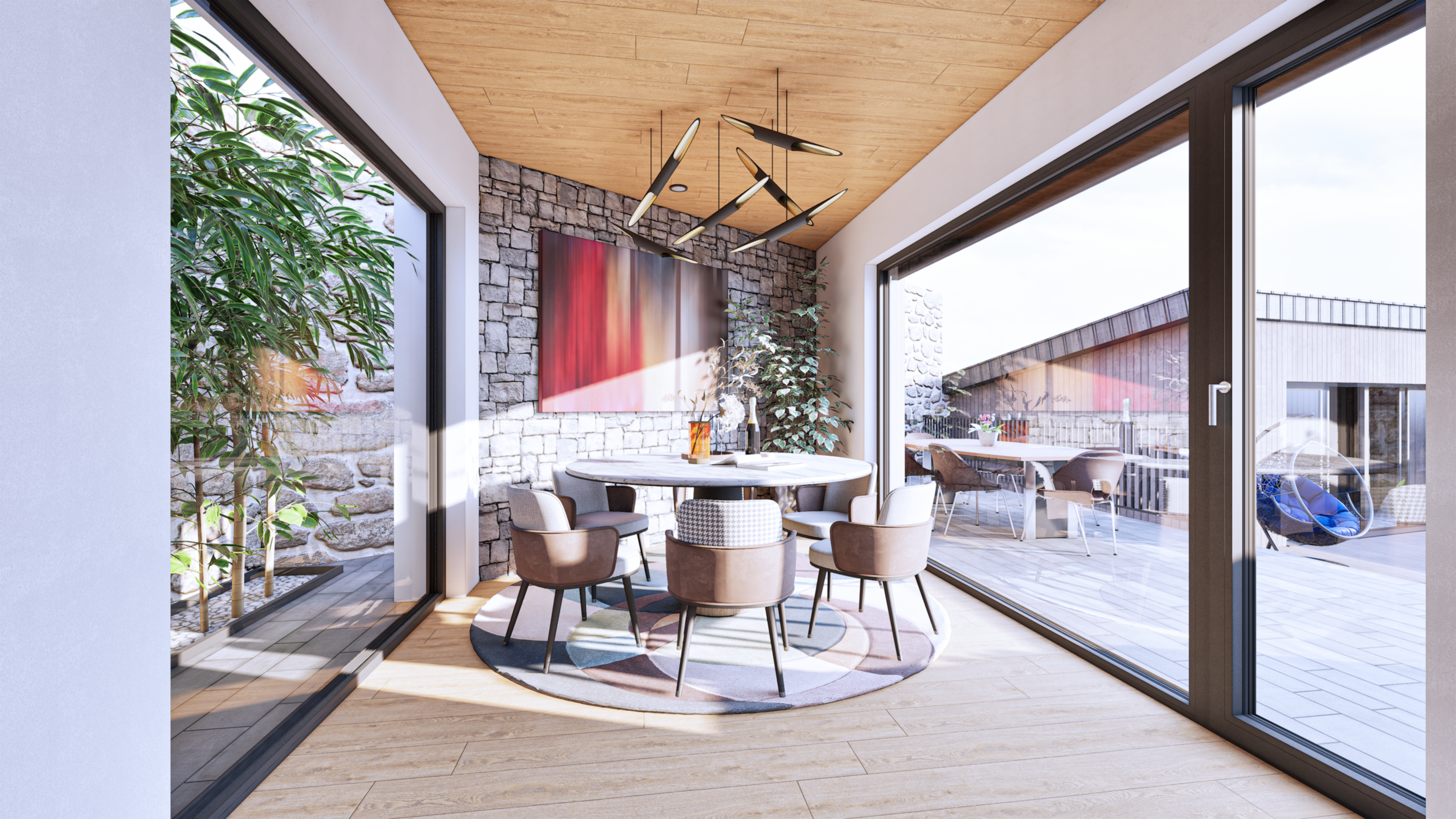 Rodinný dům nabídne dispozici 5+1 či možně 6+1, se zvýšeným důrazem na moderní prvky a luxusní vybavení , které respektuje venkovský styl a přitom klade velký důraz na spojení s přírodou, včetně prosklených prvků a přímých vstupů z obývacího pokoje, kuchyně a jídelny do zahrady. Součástí dalšího užití potenciálu celé nemovitosti je velká garáž s horním patrem a letní / zimní zahrada.