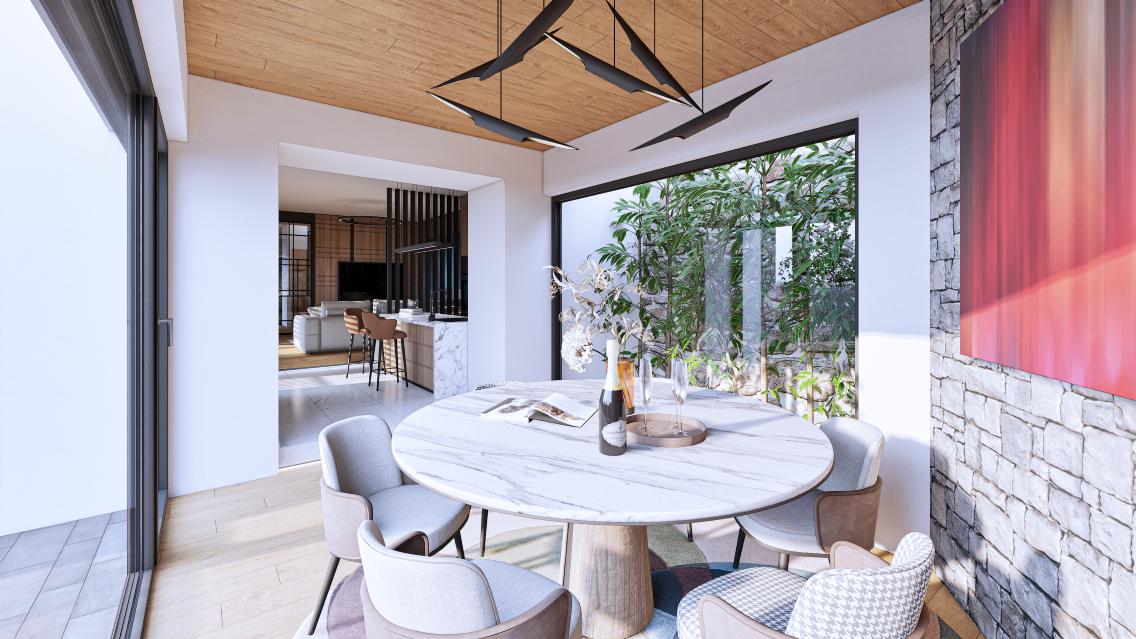 Rodinný dům nabídne dispozici 5+1 či možně 6+1, se zvýšeným důrazem na moderní prvky a luxusní vybavení , které respektuje venkovský styl a přitom klade velký důraz na spojení s přírodou, včetně prosklených prvků a přímých vstupů z obývacího pokoje, kuchyně a jídelny do zahrady. Součástí dalšího užití potenciálu celé nemovitosti je velká garáž s horním patrem a letní / zimní zahrada.